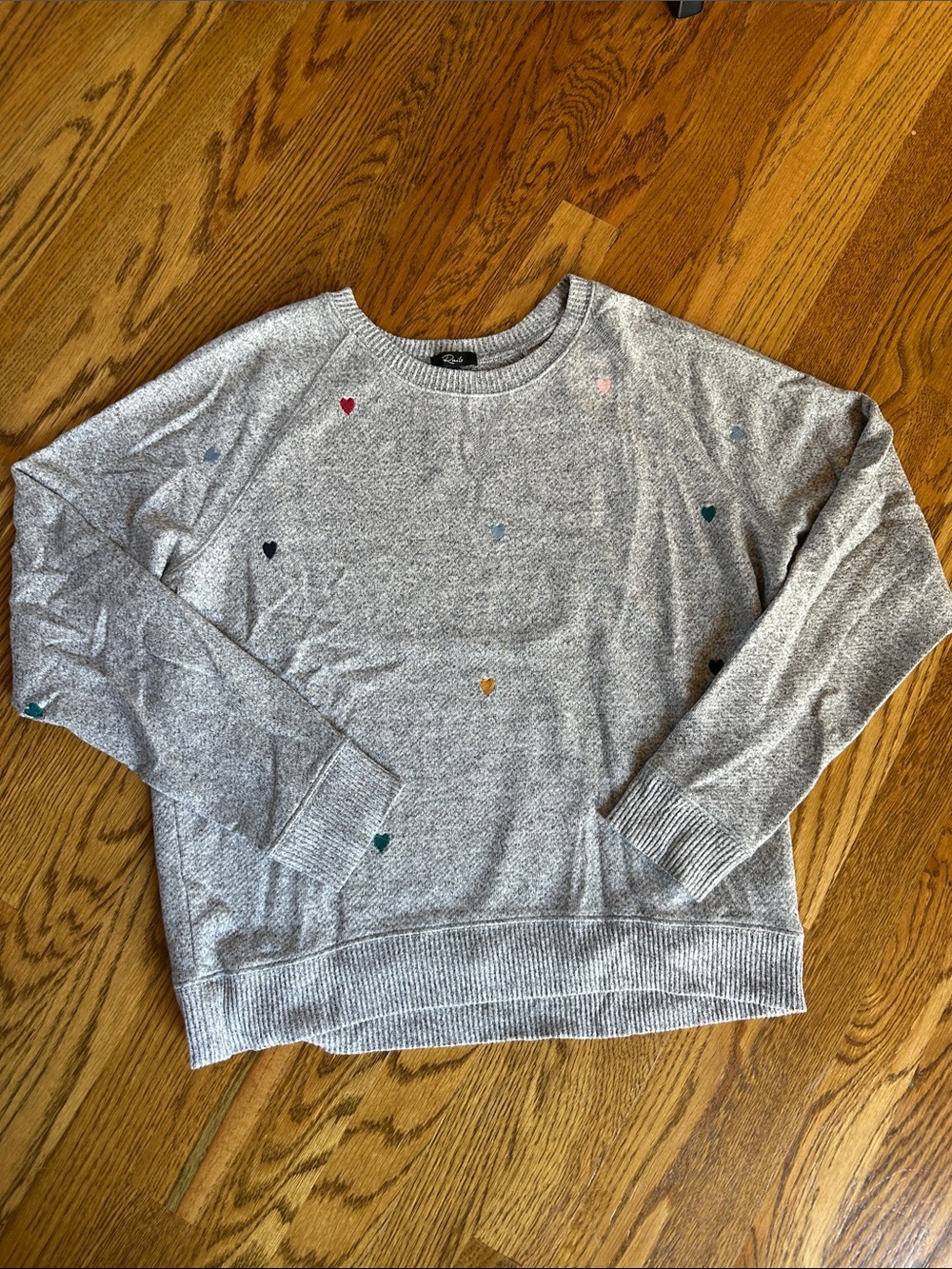 Rails Heather Gray Crewneck Sweater with Multicolor Heart Details